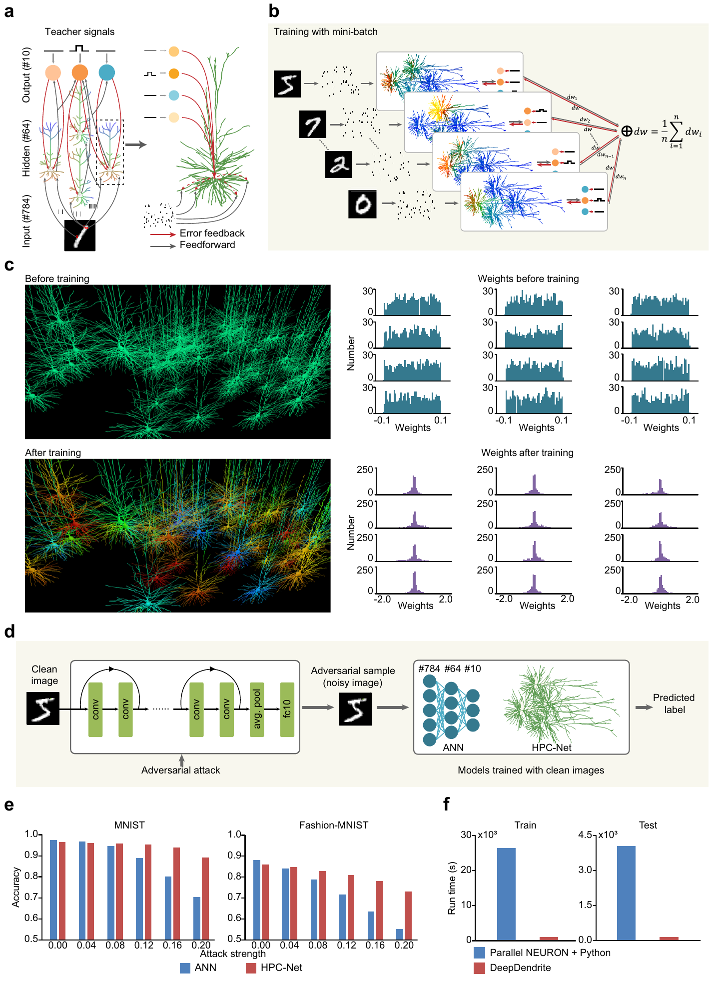 Original paper Figure 6 showing the Human Pyramidal Cell Network, mini-batch training, learned weights, adversarial evaluation, accuracy, and run time